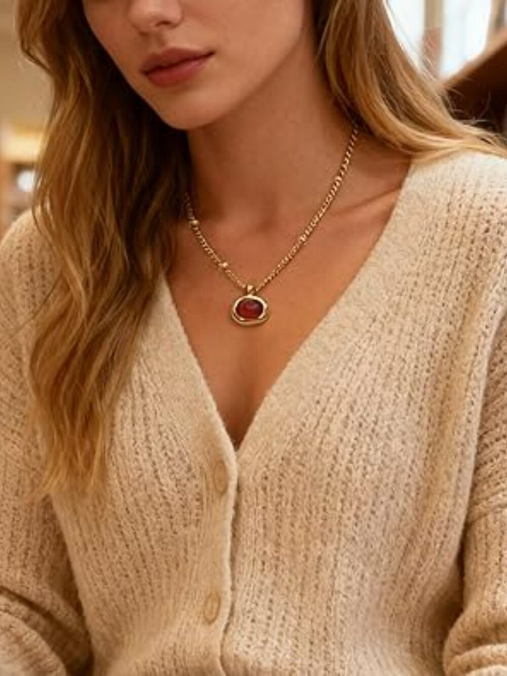 NEW Gold Stone Pendant Necklaces for Women Chunky Gemstone Dangle Necklace - Picture 3 of 4